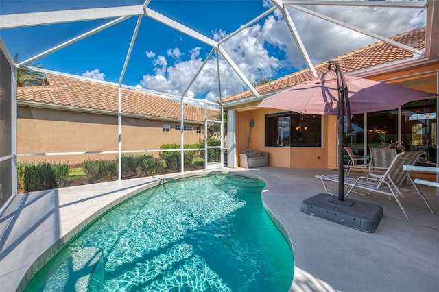 view of pool with a patio and a lanai