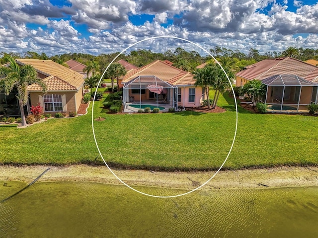 drone / aerial view featuring a water view