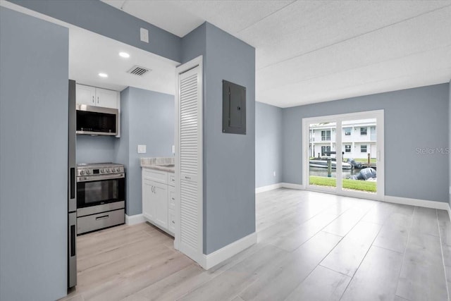 902 Gibbs Rd Unit 181, Venice, FL 34285 - kitchen featuring appliances with stainless steel finishes, electric panel, white cabinets, light countertops, and recessed lighting