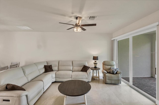 living room featuring ceiling fan