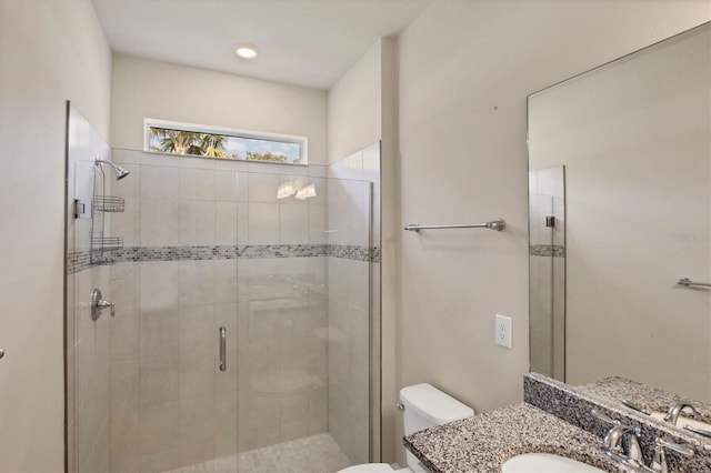 bathroom with toilet, vanity, and walk in shower