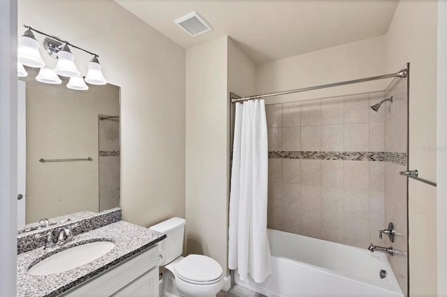 full bathroom with toilet, shower / bathtub combination with curtain, and vanity