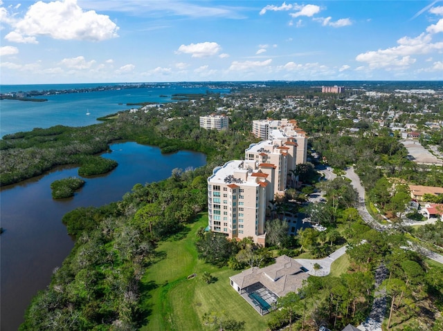 drone / aerial view with a water view