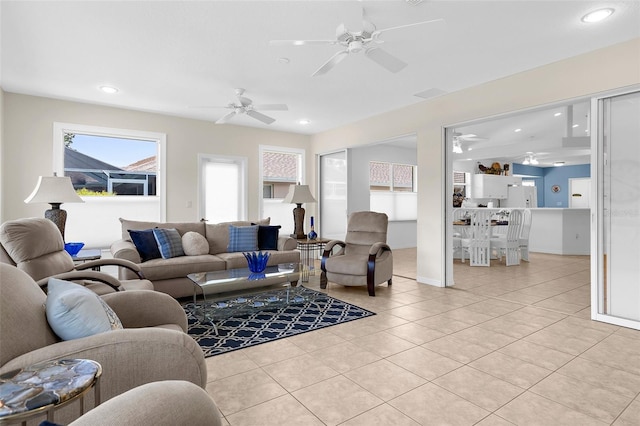 213 Venice Palms Blvd, Venice, FL 34292 - living room featuring ceiling fan, tile patterned flooring, and recessed lighting