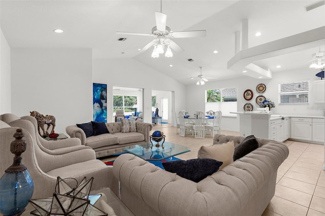 213 Venice Palms Blvd, Venice, FL 34292 - living area with healthy amount of natural light, a ceiling fan, recessed lighting, light tile patterned floors, and high vaulted ceiling