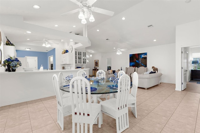 213 Venice Palms Blvd, Venice, FL 34292 - dining area with ceiling fan, light tile patterned flooring, lofted ceiling, and recessed lighting
