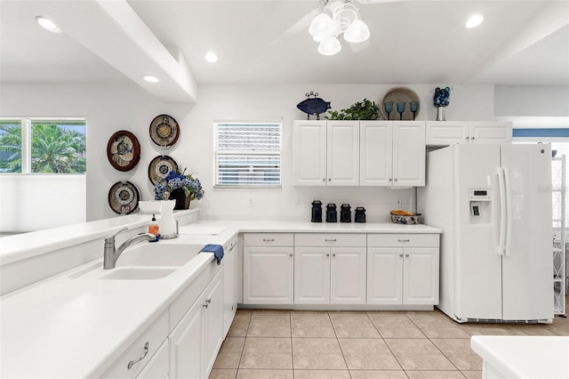 213 Venice Palms Blvd, Venice, FL 34292 - kitchen featuring white fridge with ice dispenser, a sink, ceiling fan, light countertops, and recessed lighting