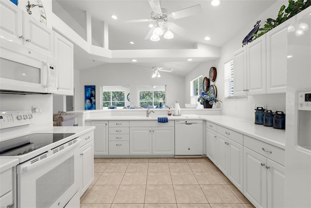 213 Venice Palms Blvd, Venice, FL 34292 - kitchen with white appliances, a ceiling fan, a sink, recessed lighting, and a peninsula