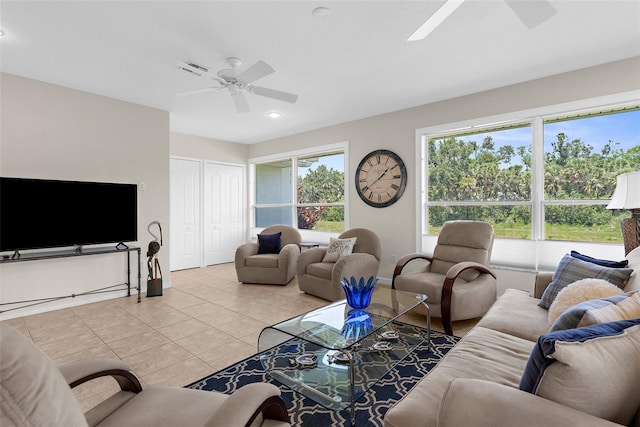 213 Venice Palms Blvd, Venice, FL 34292 - living room featuring ceiling fan, light tile patterned floors, recessed lighting, and baseboards