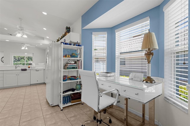 213 Venice Palms Blvd, Venice, FL 34292 - office area with vaulted ceiling, ceiling fan, light tile patterned floors, recessed lighting, and a sink