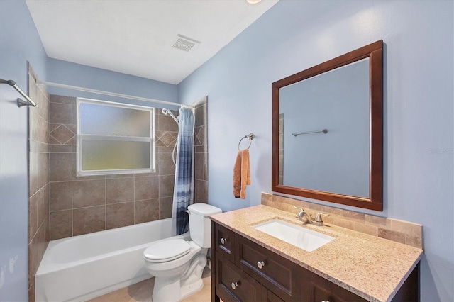 bathroom with toilet, vanity, shower / bath combination with curtain, and visible vents