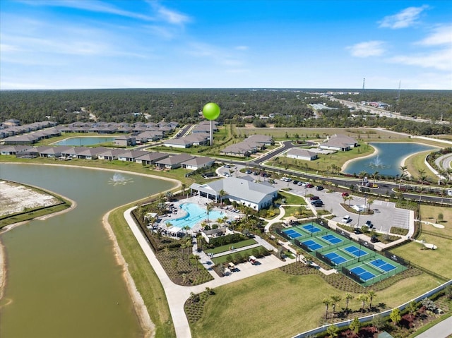 aerial view featuring a water view