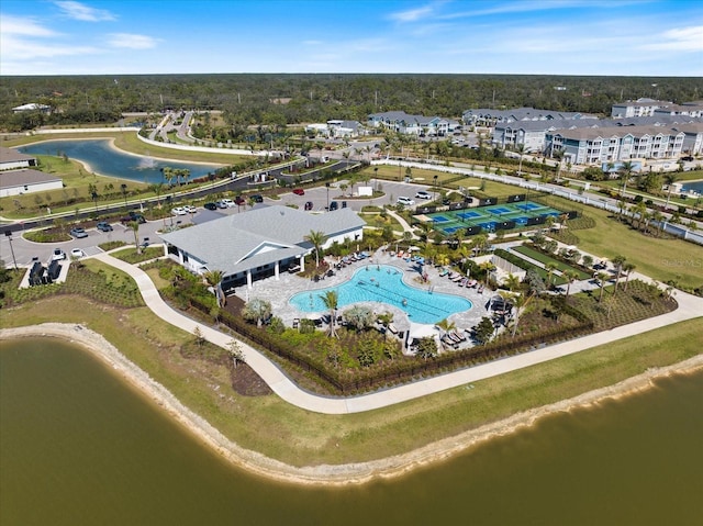 drone / aerial view featuring a water view