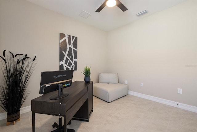 office with visible vents, baseboards, and ceiling fan