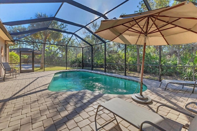 outdoor pool with glass enclosure and a patio