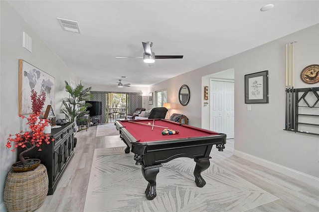 recreation room with light wood-type flooring, baseboards, visible vents, and pool table