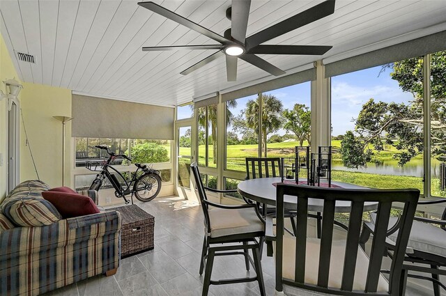 sunroom / solarium featuring wooden ceiling, ceiling fan, a water view, and visible vents