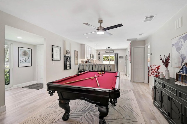 playroom featuring pool table, visible vents, light wood-style floors, a ceiling fan, and baseboards