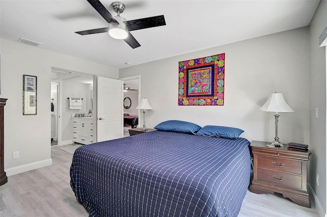 bedroom featuring light wood-style floors, visible vents, ceiling fan, and baseboards