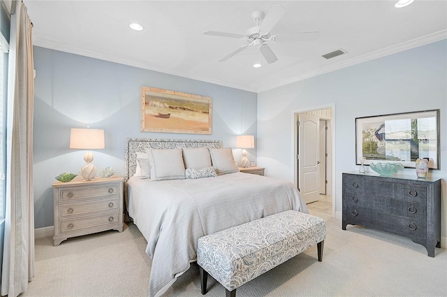 bedroom featuring light carpet, visible vents, ceiling fan, ornamental molding, and recessed lighting