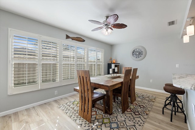 929 The Rialto, Venice, FL 34285 - dining room featuring light wood-type flooring, visible vents, ceiling fan, and baseboards