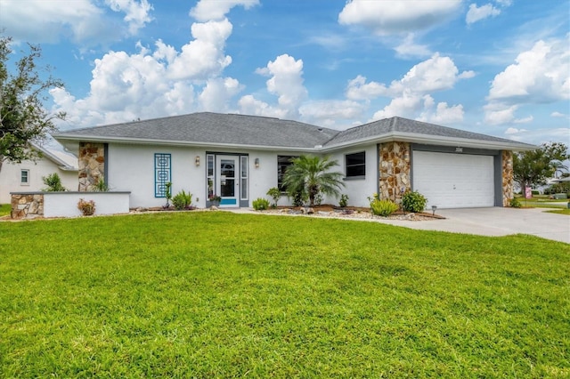 ranch-style home with a garage, stone siding, driveway, and a front lawn