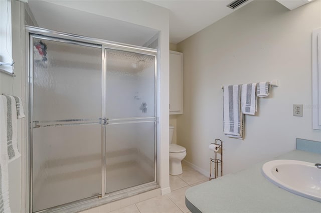 5875 Jackson, Venice, FL 34293 - full bathroom featuring visible vents, toilet, tile patterned floors, vanity, and a shower stall