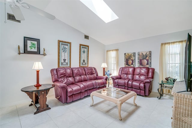 5875 Jackson, Venice, FL 34293 - living area featuring ceiling fan, vaulted ceiling with skylight, and visible vents