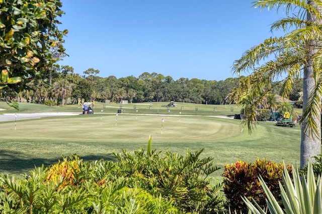 view of property's community featuring golf course view and a yard