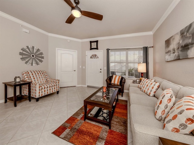 living room with light tile patterned floors, baseboards, a ceiling fan, and crown molding