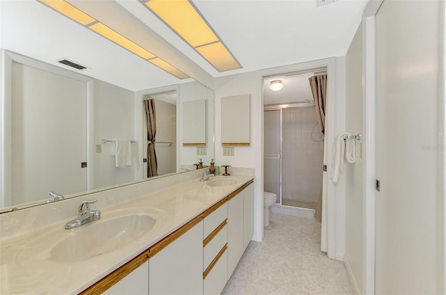 bathroom with vanity, a shower with door, and toilet