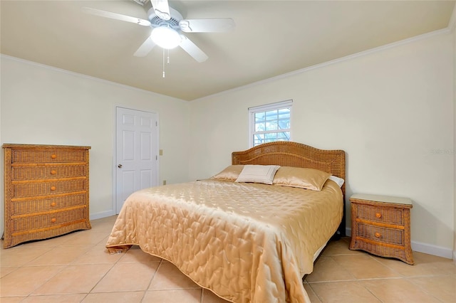 tiled bedroom featuring baseboards, ornamental molding, and ceiling fan