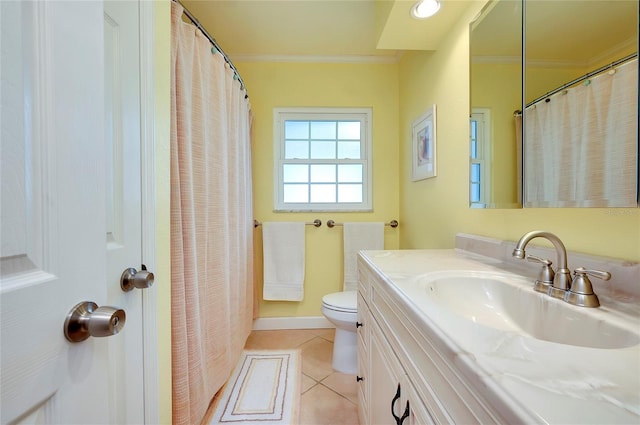 bathroom featuring ornamental molding, tile patterned flooring, vanity, and toilet