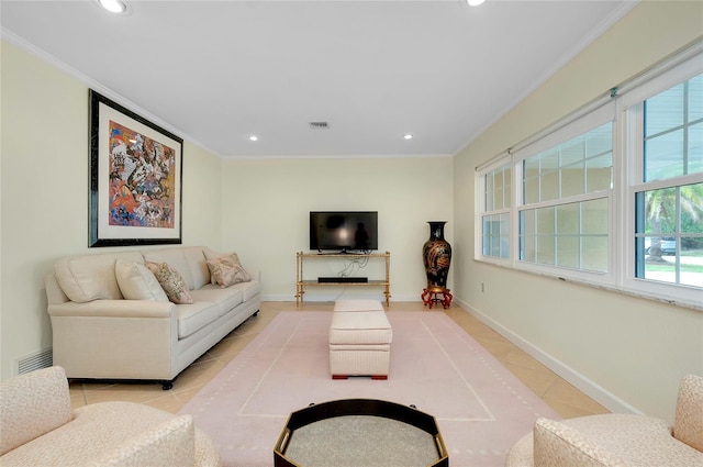 living room featuring crown molding and light tile patterned floors