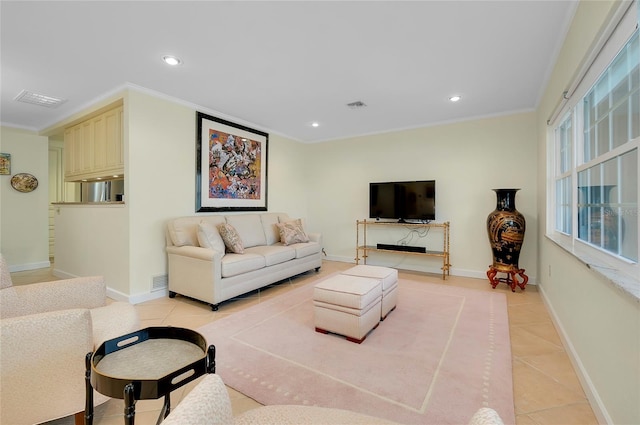 living area featuring recessed lighting, light tile patterned flooring, and crown molding