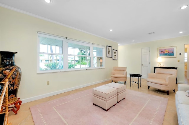 living area with recessed lighting, baseboards, crown molding, and light tile patterned flooring