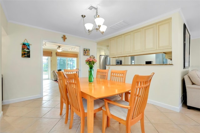 dining area with crown molding, light tile patterned floors, visible vents, an inviting chandelier, and baseboards