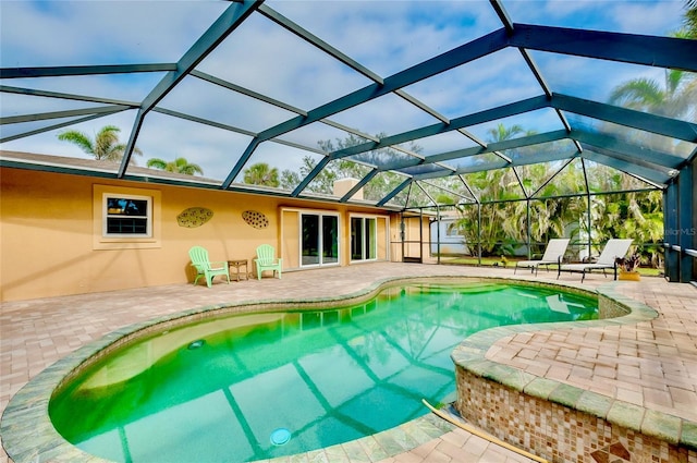 outdoor pool featuring a patio area and a lanai