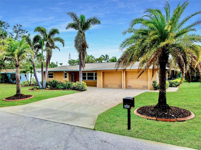 single story home featuring a garage, a front yard, decorative driveway, and stucco siding