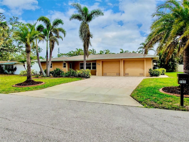 ranch-style home with an attached garage, decorative driveway, a front yard, and stucco siding