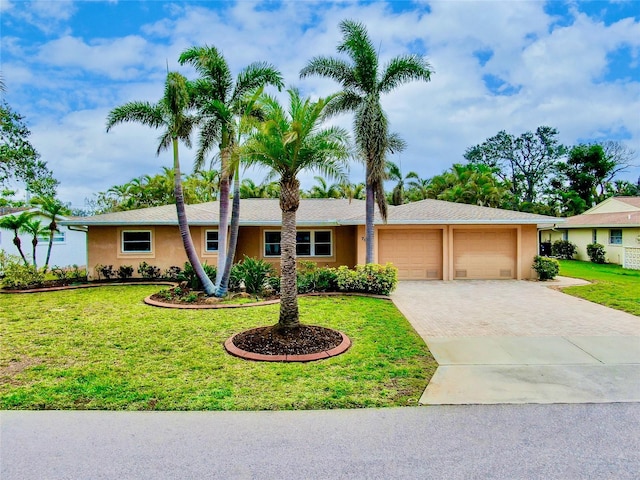 ranch-style home with a front lawn and stucco siding