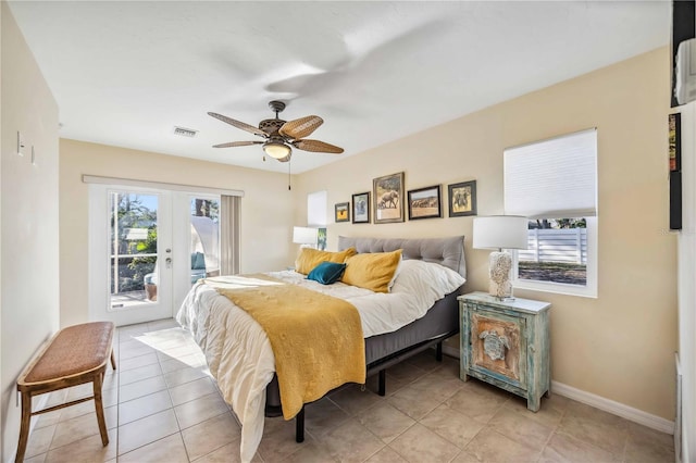 bedroom with access to outside, french doors, multiple windows, and visible vents