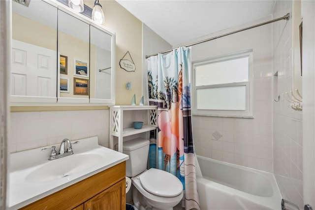 bathroom featuring toilet, decorative backsplash, shower / tub combo with curtain, and vanity