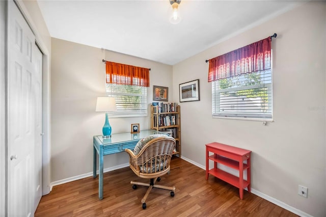 office with baseboards and wood finished floors