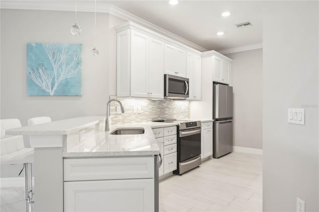 13867 Vadini St, Venice, FL 34293 - kitchen featuring crown molding, tasteful backsplash, a peninsula, a sink, and stainless steel appliances