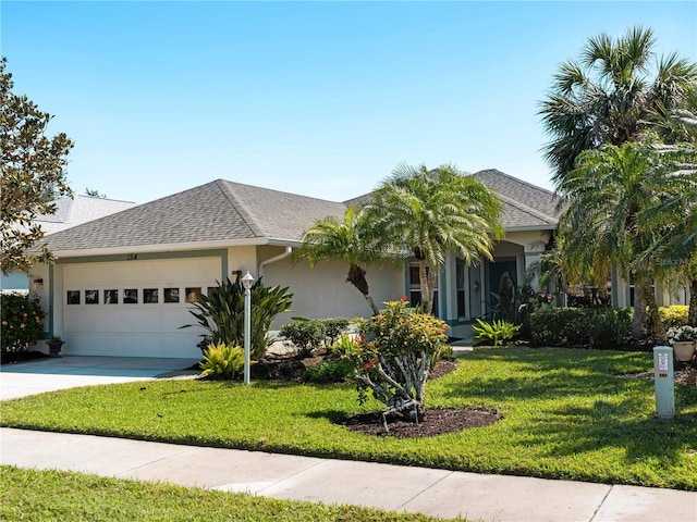 view of front facade with a garage, concrete driveway, roof with shingles, a front lawn, and stucco siding