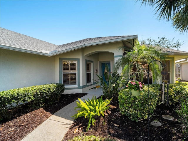 doorway to property featuring roof with shingles and stucco siding