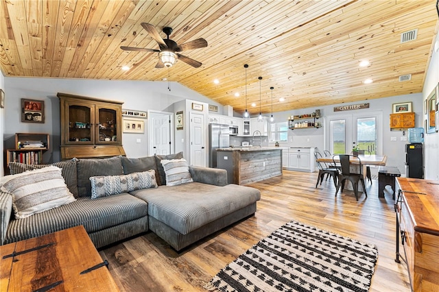 living area with wooden ceiling, recessed lighting, visible vents, light wood-style floors, and vaulted ceiling