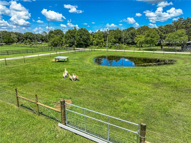 view of yard with a water view, fence, and a rural view