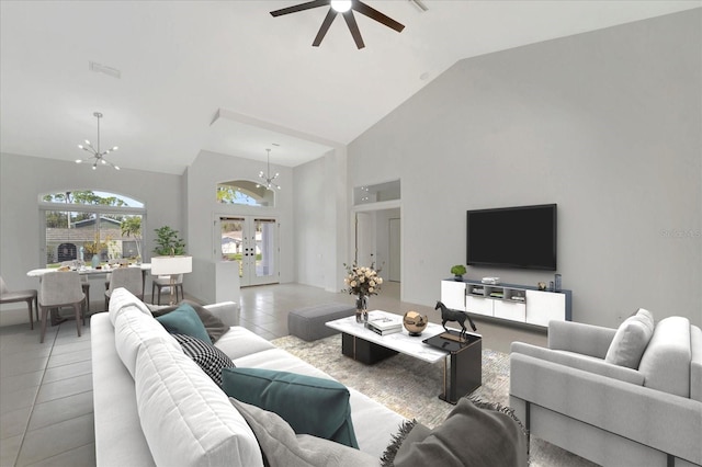 living room featuring french doors, light tile patterned floors, visible vents, high vaulted ceiling, and ceiling fan with notable chandelier